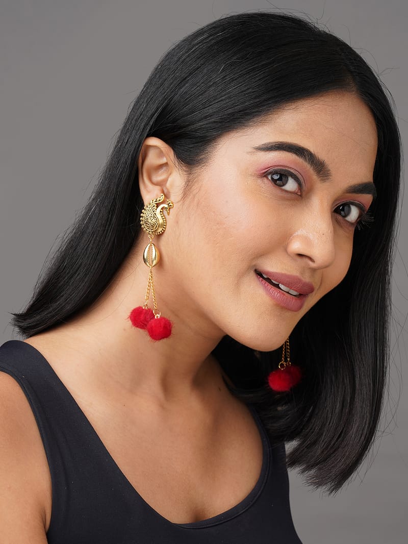 Binni's Wardrobe Gold-toned peacock shapped red ball drop earring