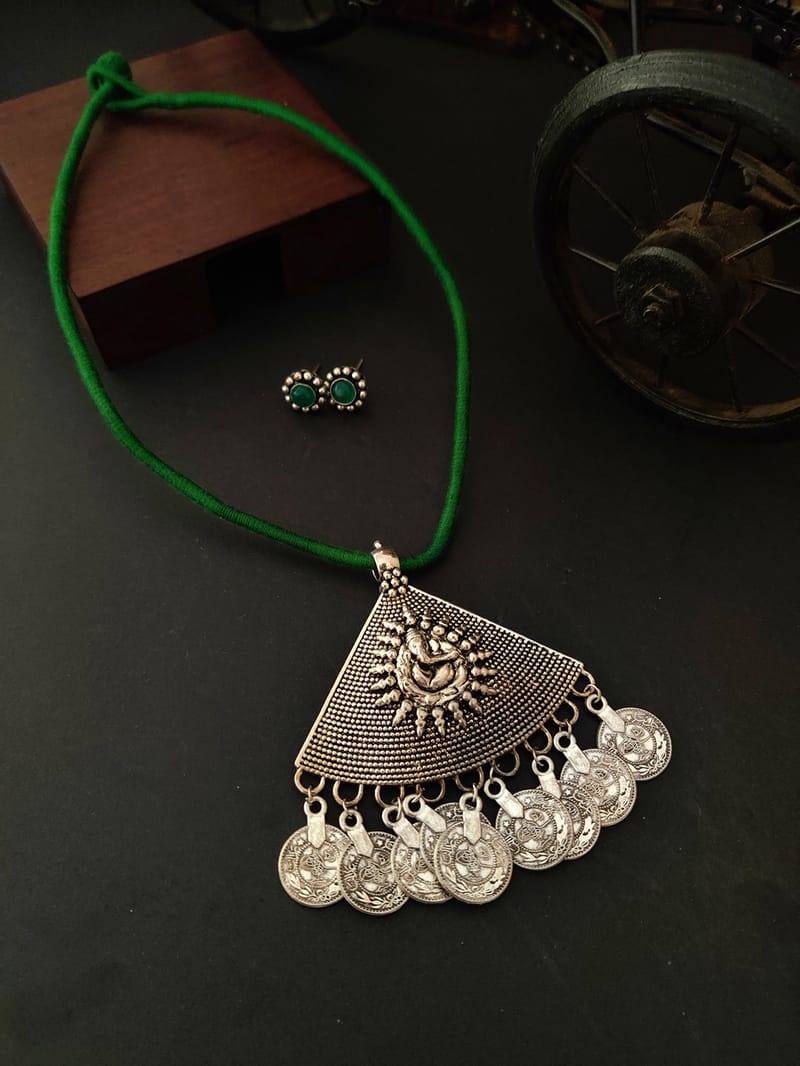 Binni's Wardrobe Silver Plated And Green Wardrobe Triangle Ganpati Antique Jewellery Set