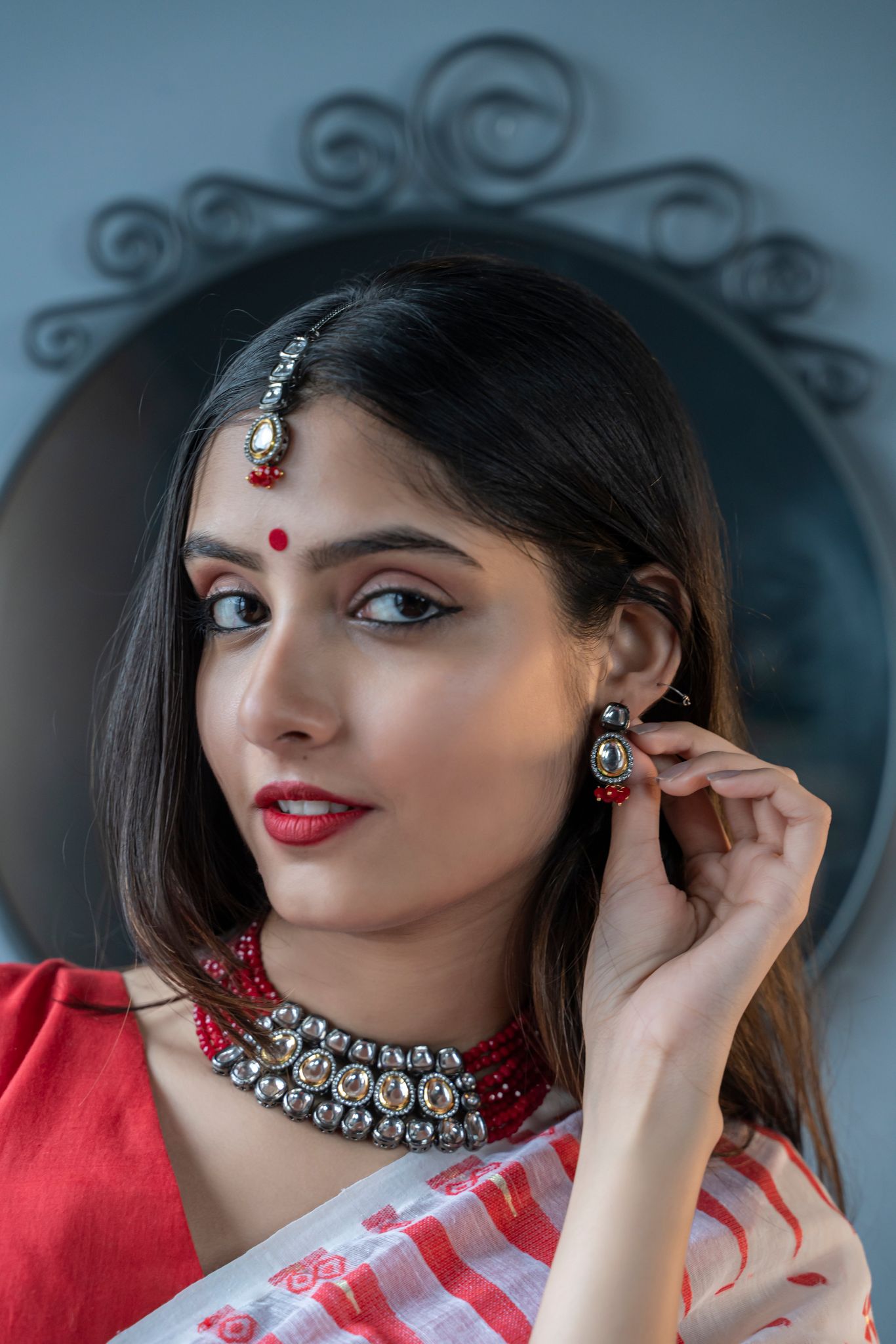 Binni's Wardrobe  Red stone kundan jewellery set With mang tika