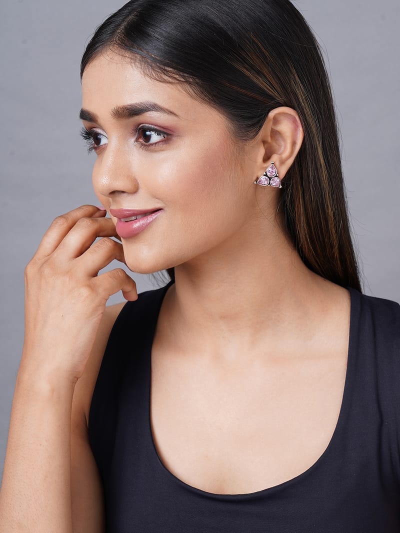 Binni's Wardrobe silver plated pink stone traingle studs