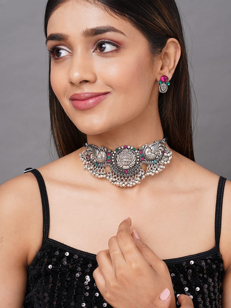 Binni's Wardrobe  women silver plated devi-ma necklace set