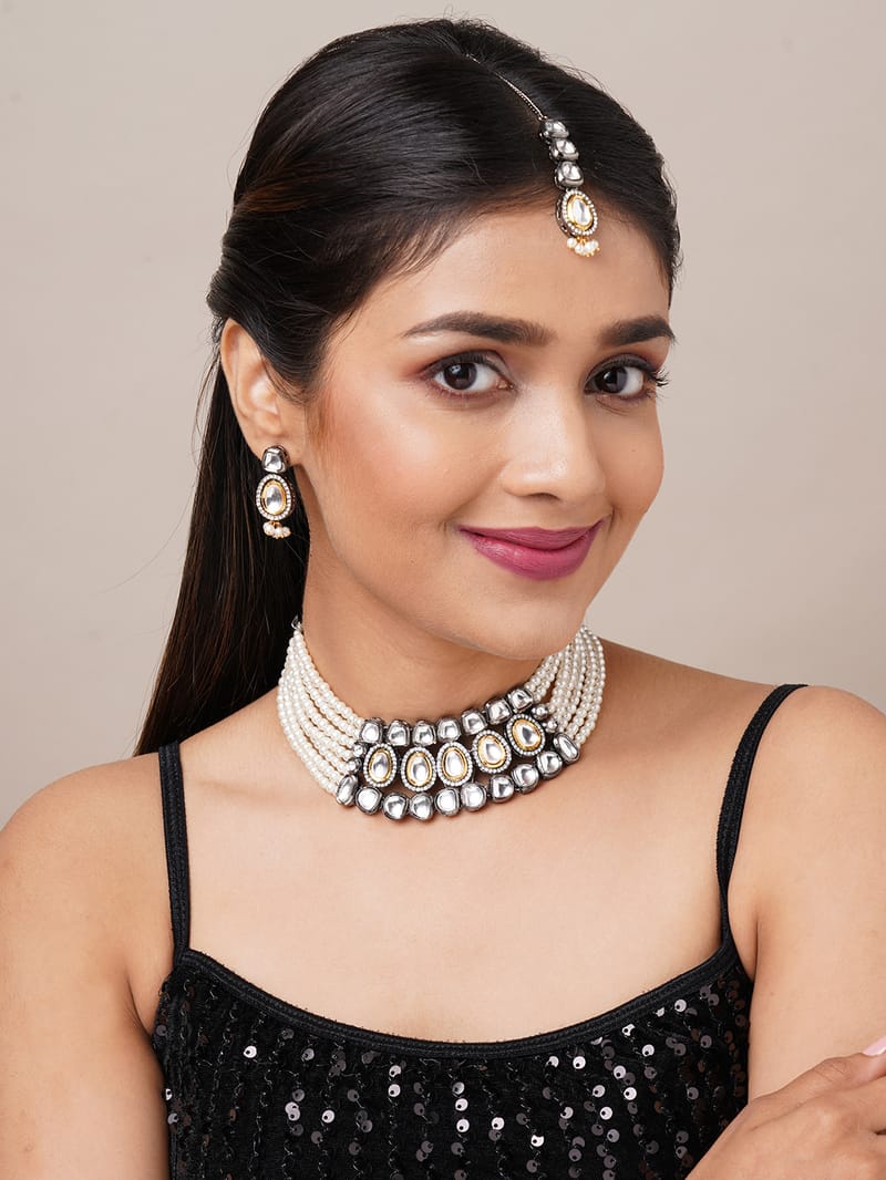 Binni's Wardrobe  white stone kundan jewellery set with mang tika