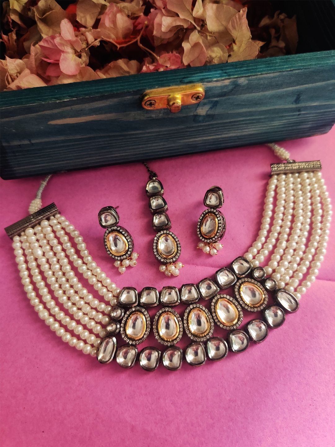 Binni's Wardrobe  white stone kundan jewellery set with mang tika