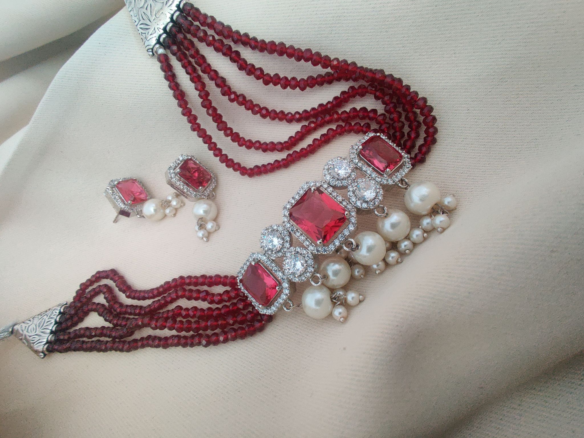 Binni's Wardrobe  women red stone beaded pearl jewellery set