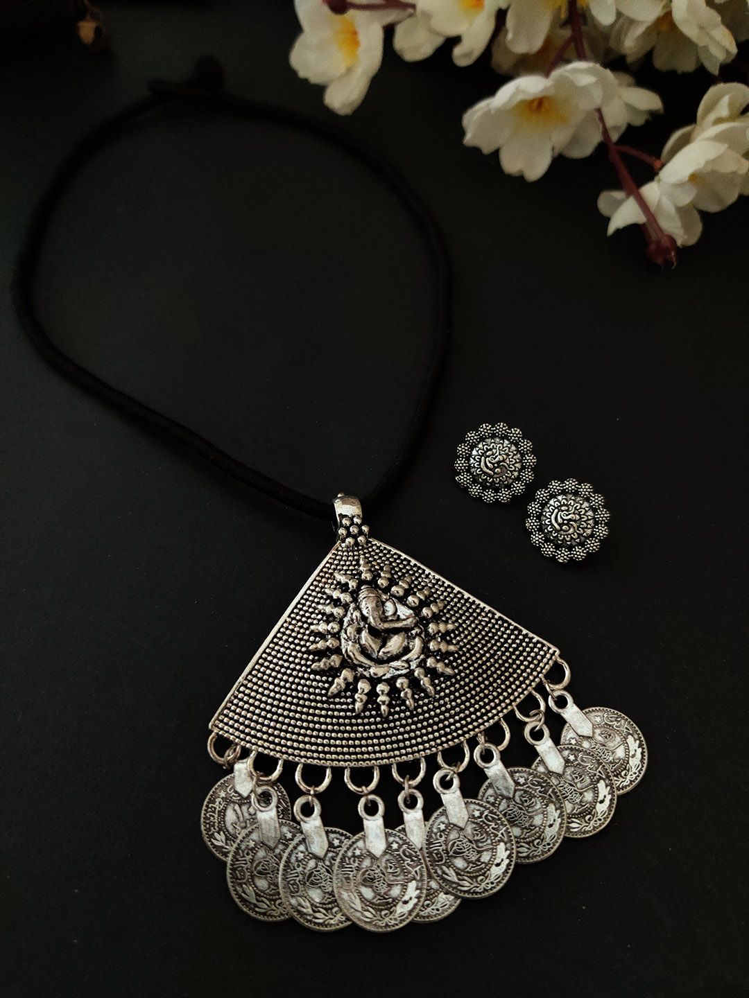 Binni's Wardrobe Oxidized Black Silver-Plated Triangle Ganpati String Jewellery Set