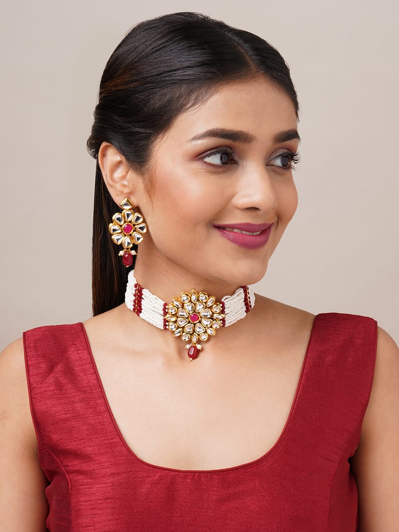 Binni's Wardrobe  gold plated white and red kundan   jewellery set