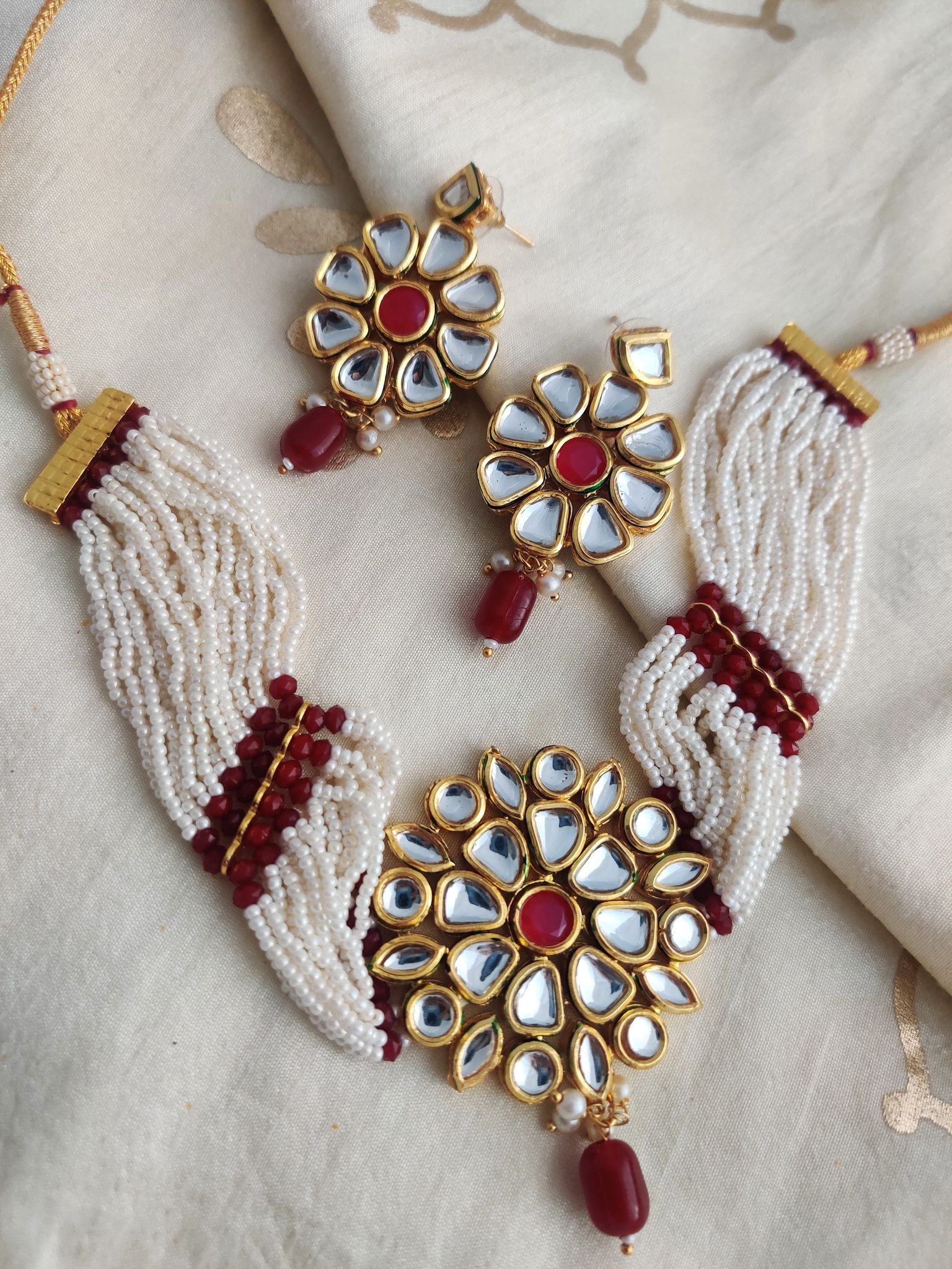 Binni's Wardrobe  gold plated white and red kundan   jewellery set