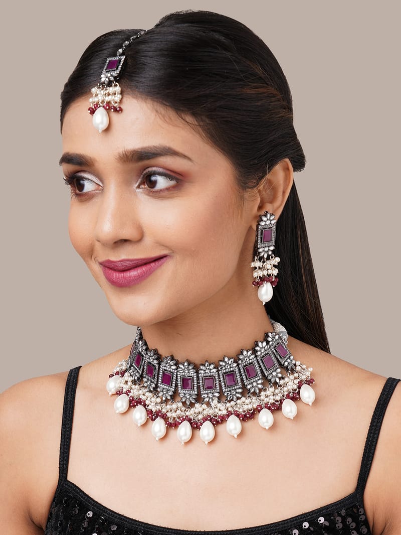 Binni's Wardrobe Binnis wardrobre german silver plated Maroon choker necklace set with mang tika