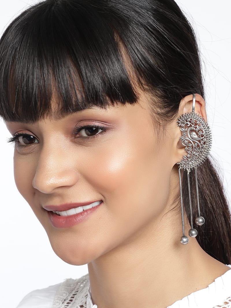 Binni's Wardrobe Silver-Toned Oxidised Peacock Shaped Ear Cuff