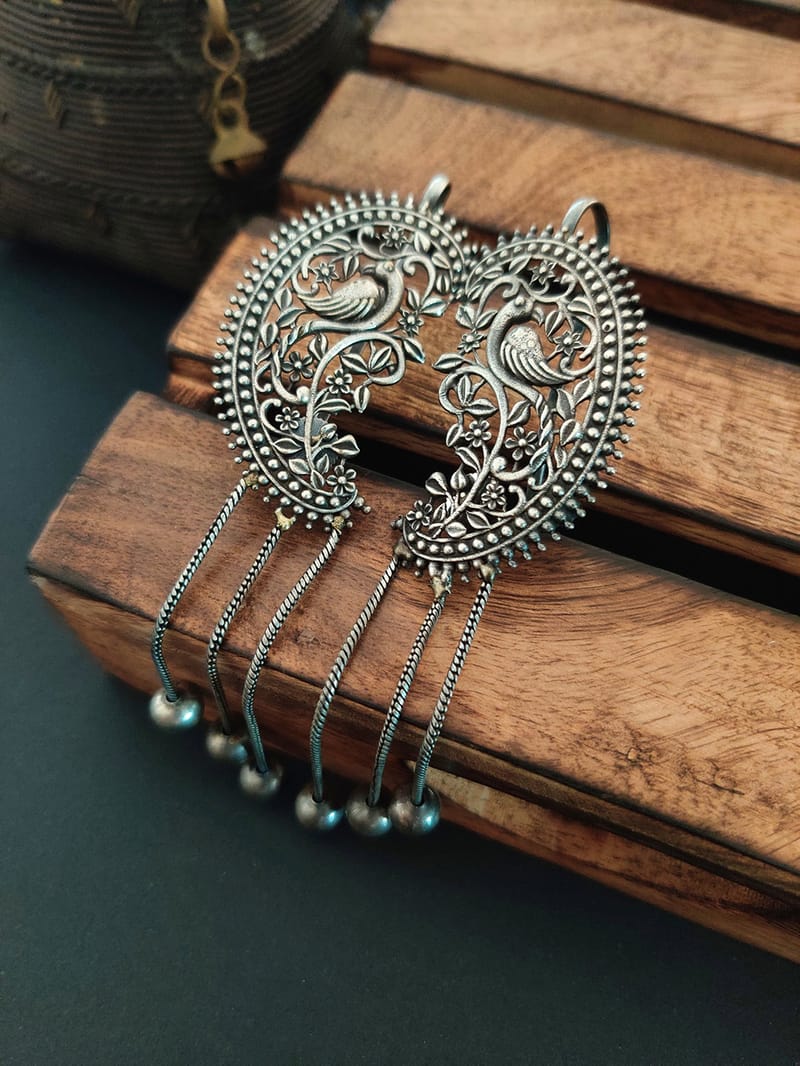 Binni's Wardrobe Silver-Toned Oxidised Peacock Shaped Ear Cuff