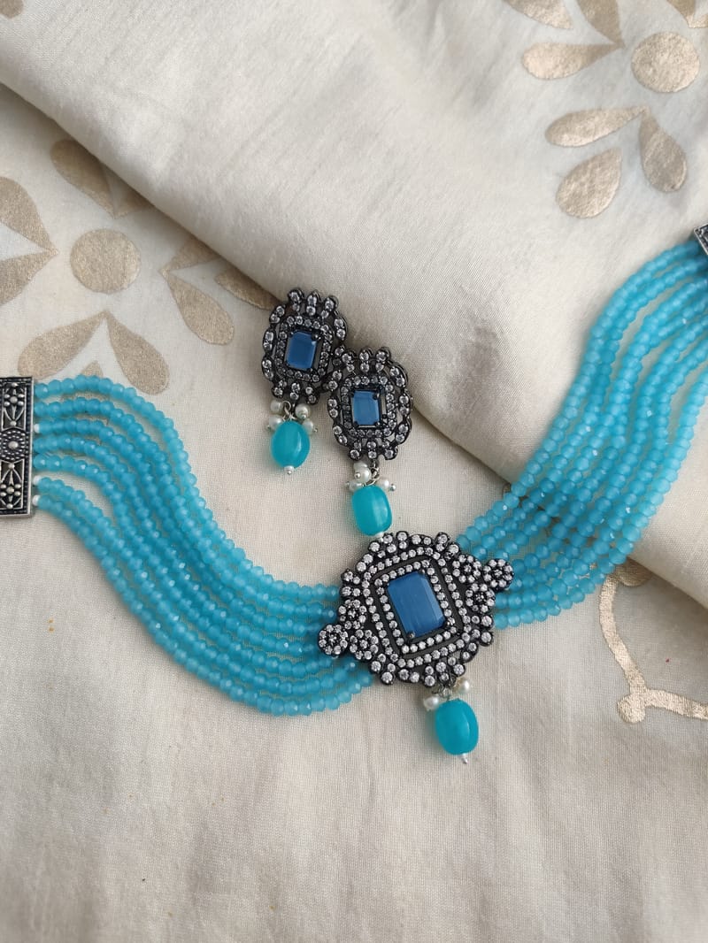 Binni's Wardrobe  women firozi blue stone beaded jewellery set