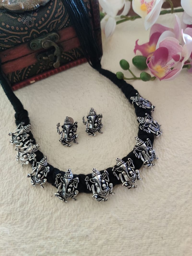 Binni's Wardrobe Set of Black  Silver-Toned German Silver Choker Necklace  Earrings