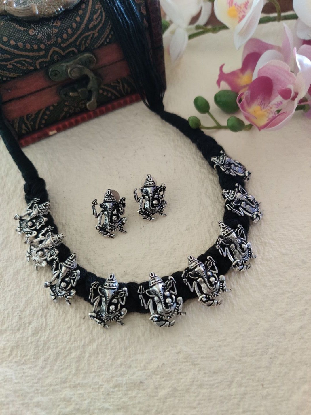 Binni's Wardrobe Set of Black  Silver-Toned German Silver Choker Necklace  Earrings