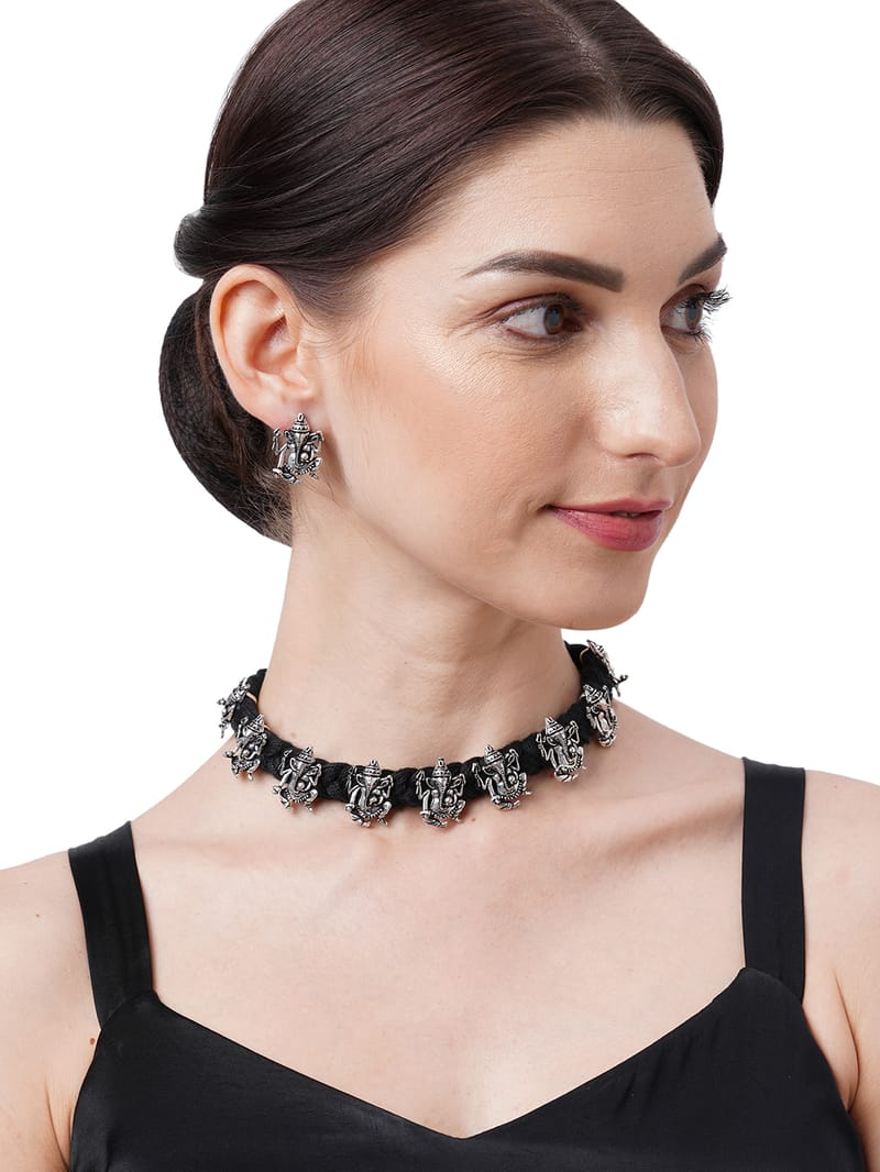 Binni's Wardrobe Set of Black  Silver-Toned German Silver Choker Necklace  Earrings