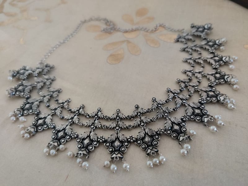 Binni's Wardrobe Set of Silver-Toned German Silver Oxidised Necklace  Earrings