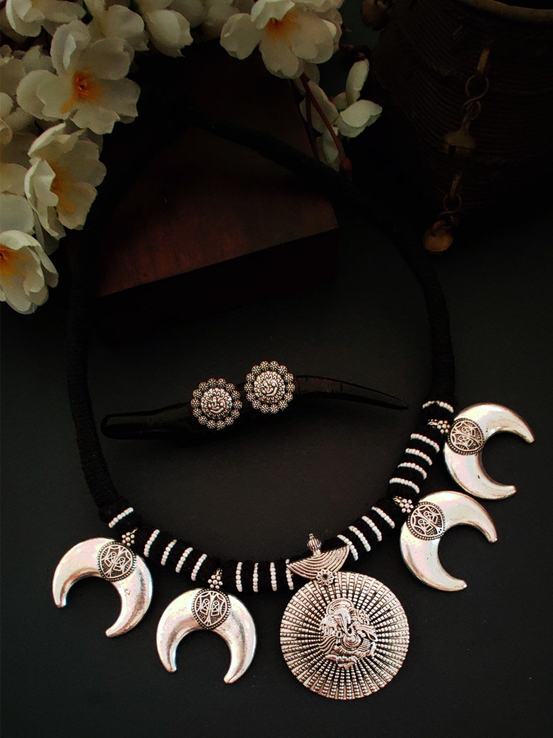 Binni's Wardrobe Silver Plated And Black Ganpati Moon Antique Jewellery Set