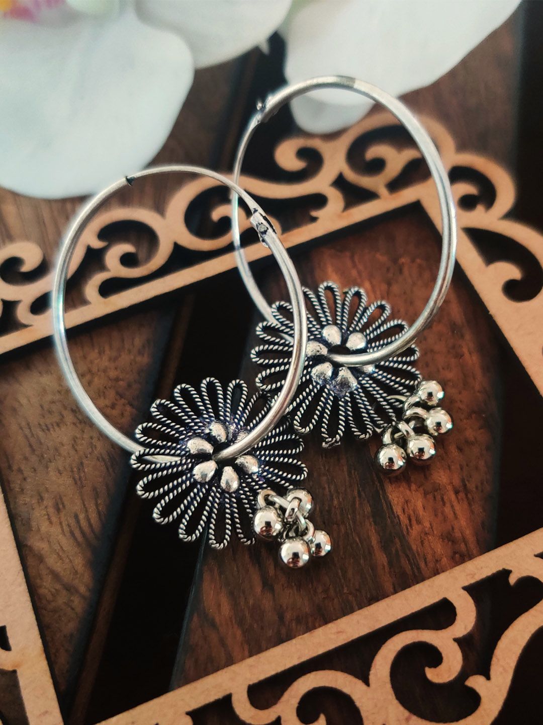 Binni's Wardrobe Women Silver-Toned Contemporary German Silver flower Hoop Earrings