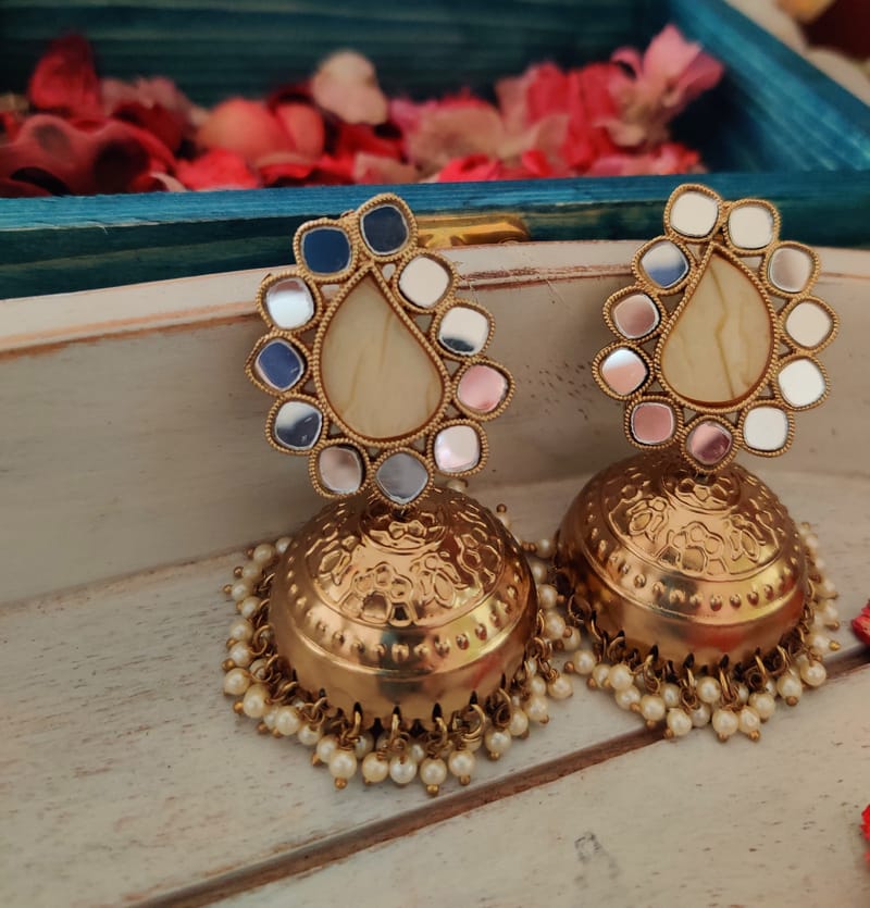 Binni's Wardrobe Gold tone white jhumka earring