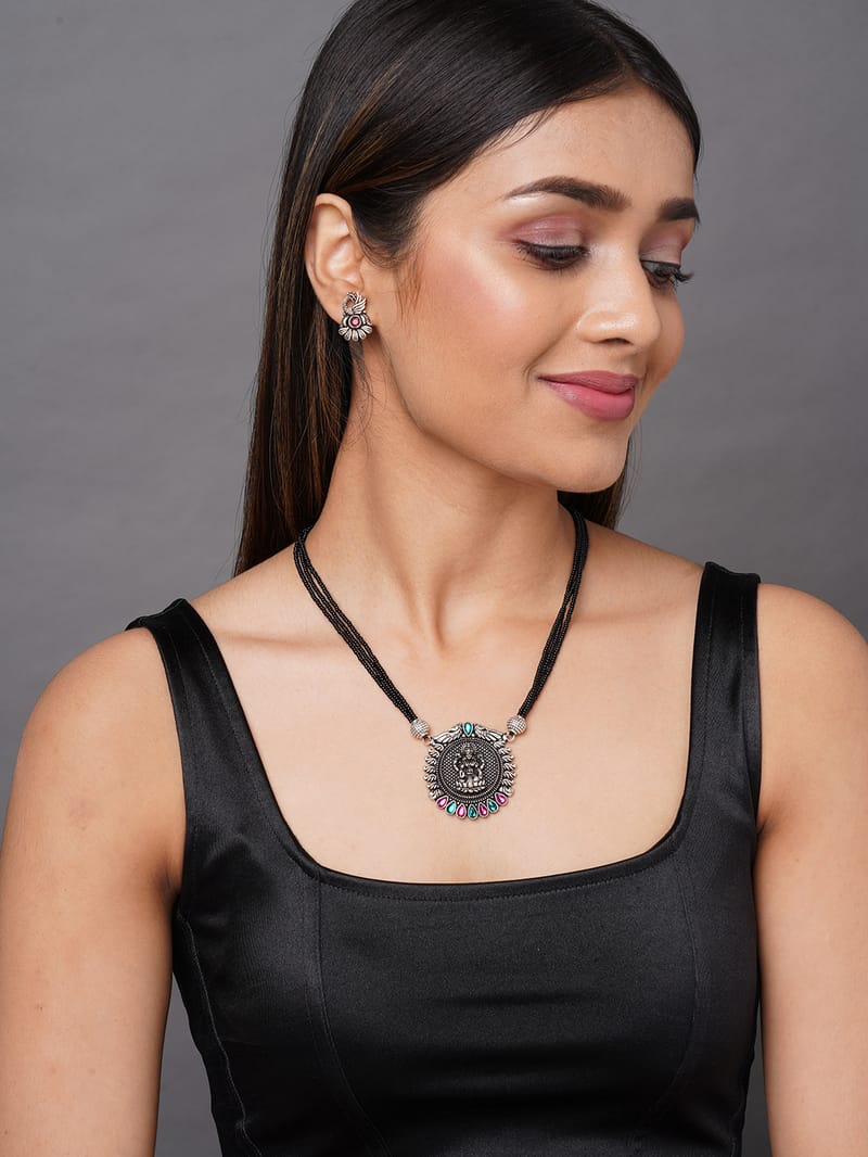 Binni's Wardrobe  oxidised silver temple mangalsutra studded set