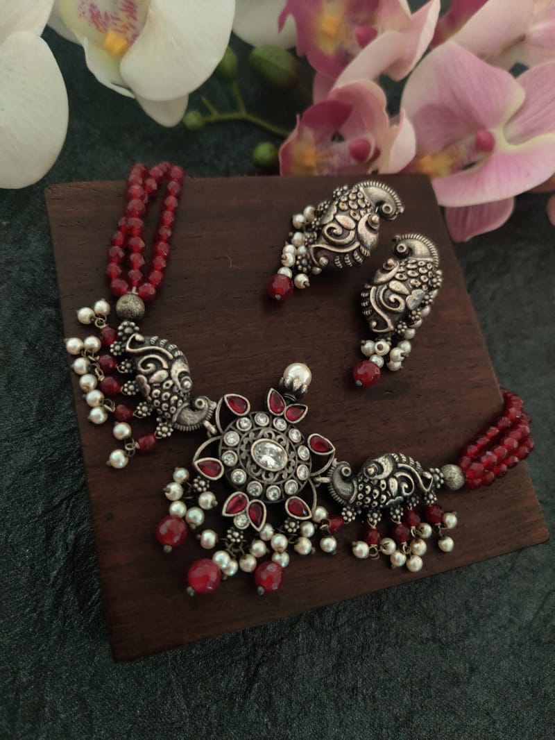 Binni's Wardrobe Set of Red  Silver-Toned German Silver Oxidised Necklace  Earrings