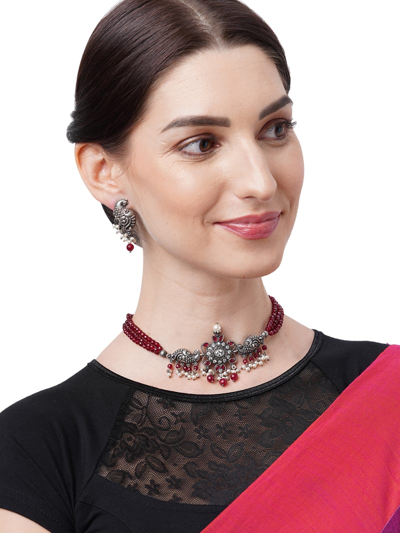 Binni's Wardrobe Set of Red  Silver-Toned German Silver Oxidised Necklace  Earrings