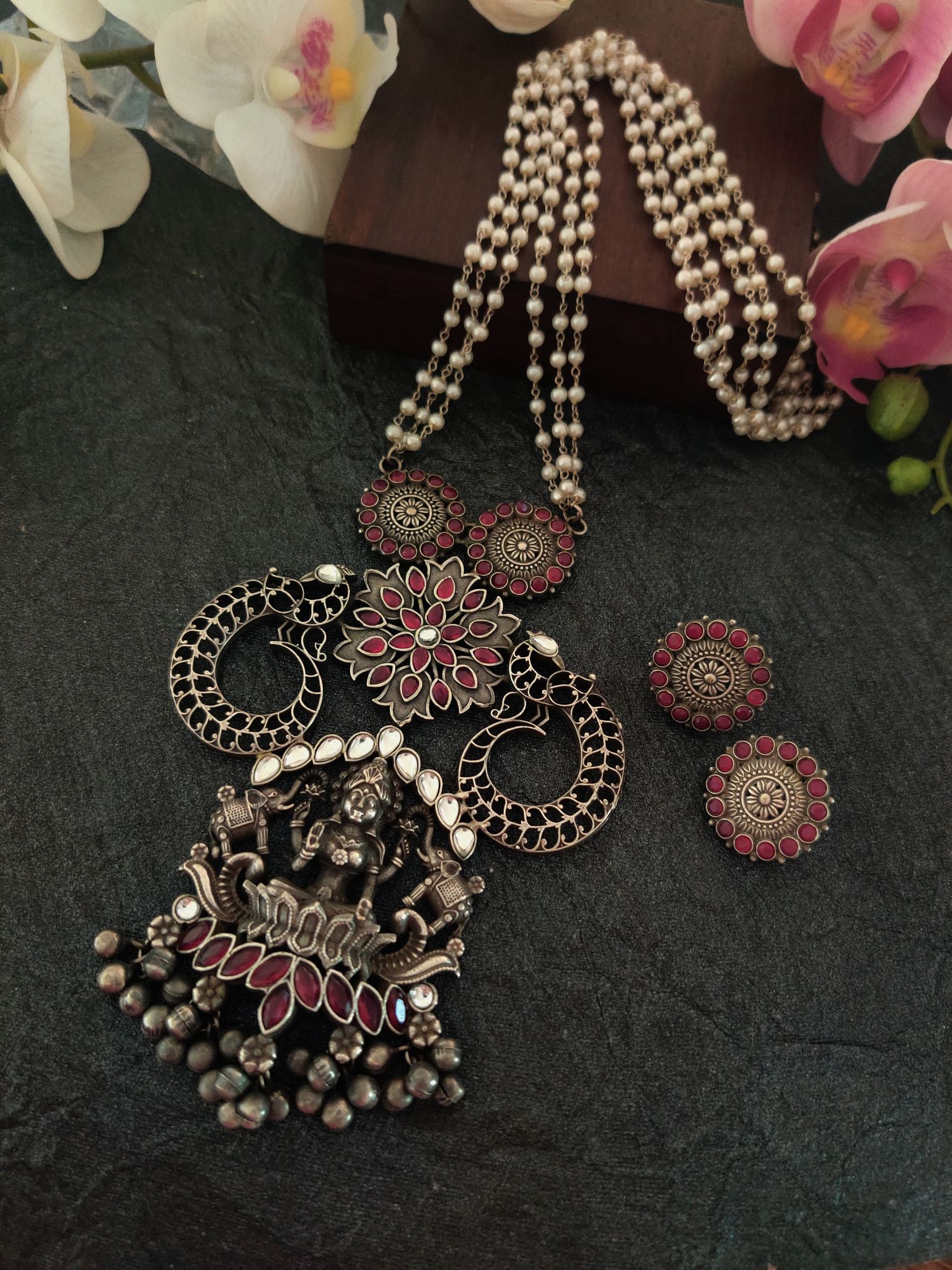 Binni's Wardrobe Set of Silver-Toned  Maroon German Silver Oxidised Necklace  Earrings