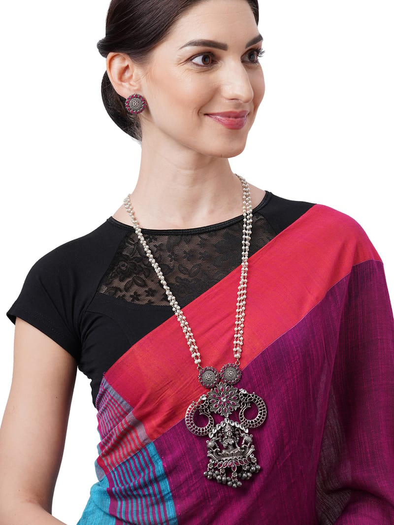 Binni's Wardrobe Set of Silver-Toned  Maroon German Silver Oxidised Necklace  Earrings