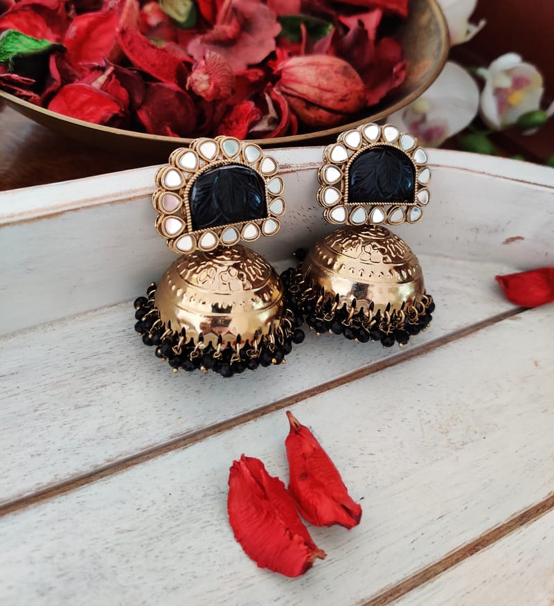 Binni's Wardrobe Gold tone Black jhumka earring