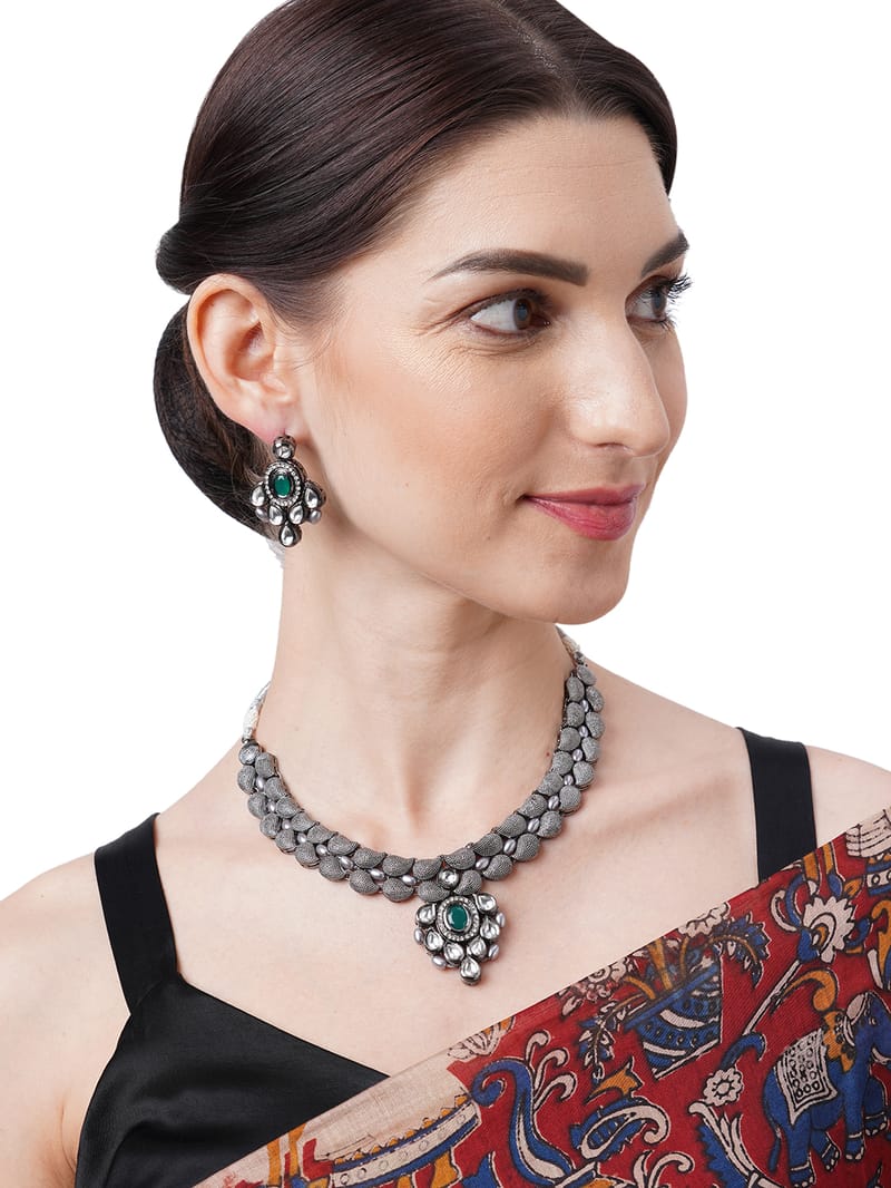 Binni's Wardrobe Set of Silver-Toned  Green German Silver Oxidised Necklace  Earrings