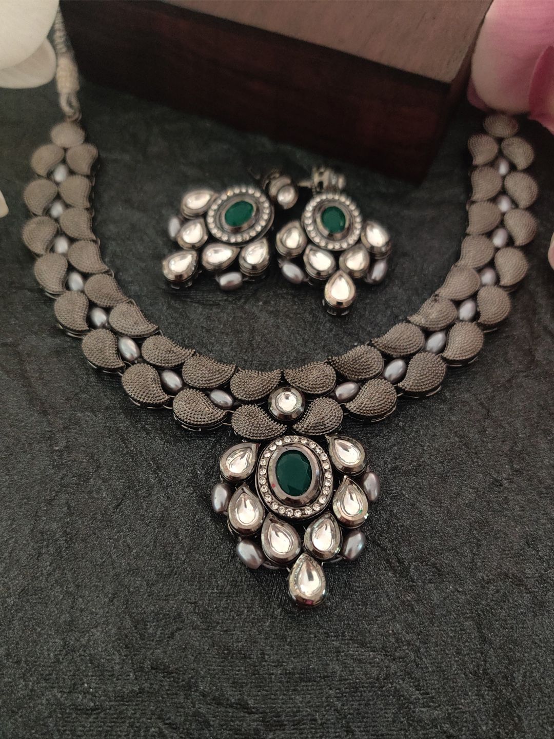 Binni's Wardrobe Set of Silver-Toned  Green German Silver Oxidised Necklace  Earrings