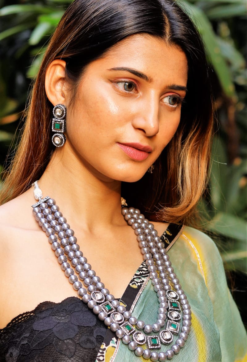 Binni's Wardrobe Set of Silver-Toned  Green German Silver Layered Necklace  Earrings