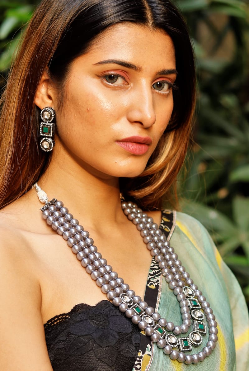 Binni's Wardrobe Set of Silver-Toned  Green German Silver Layered Necklace  Earrings