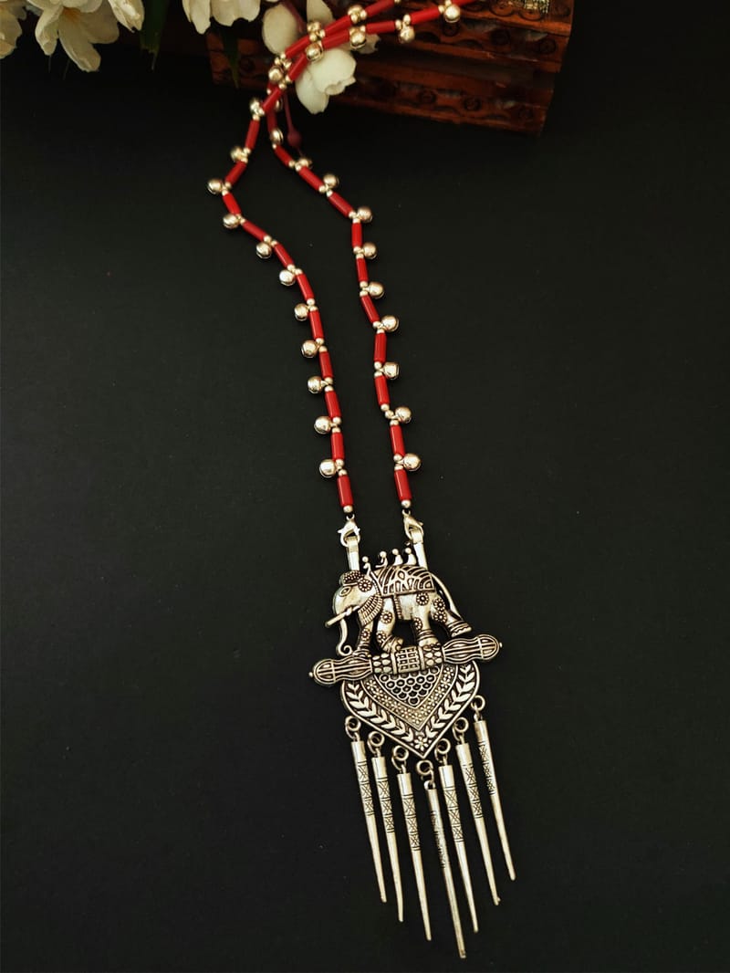 Binni's Wardrobe Red Stone Silver-Plated Handcrafted Elephant Necklace