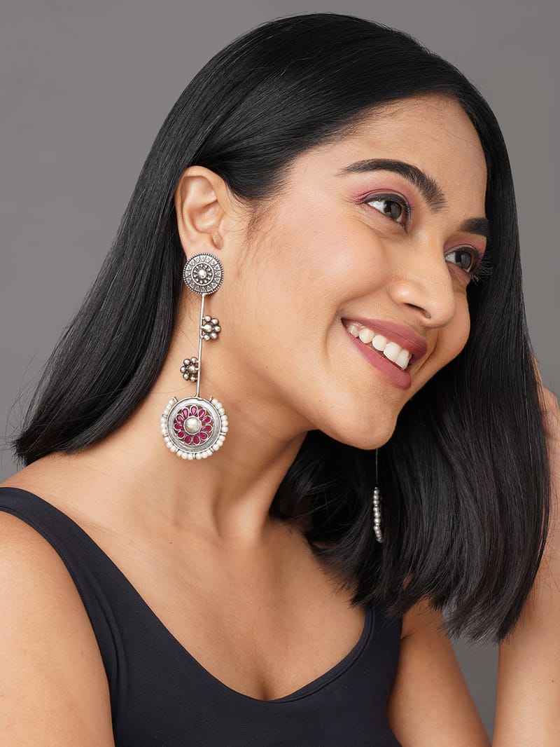 Binni's Wardrobe Silver plated red stone long drop earring