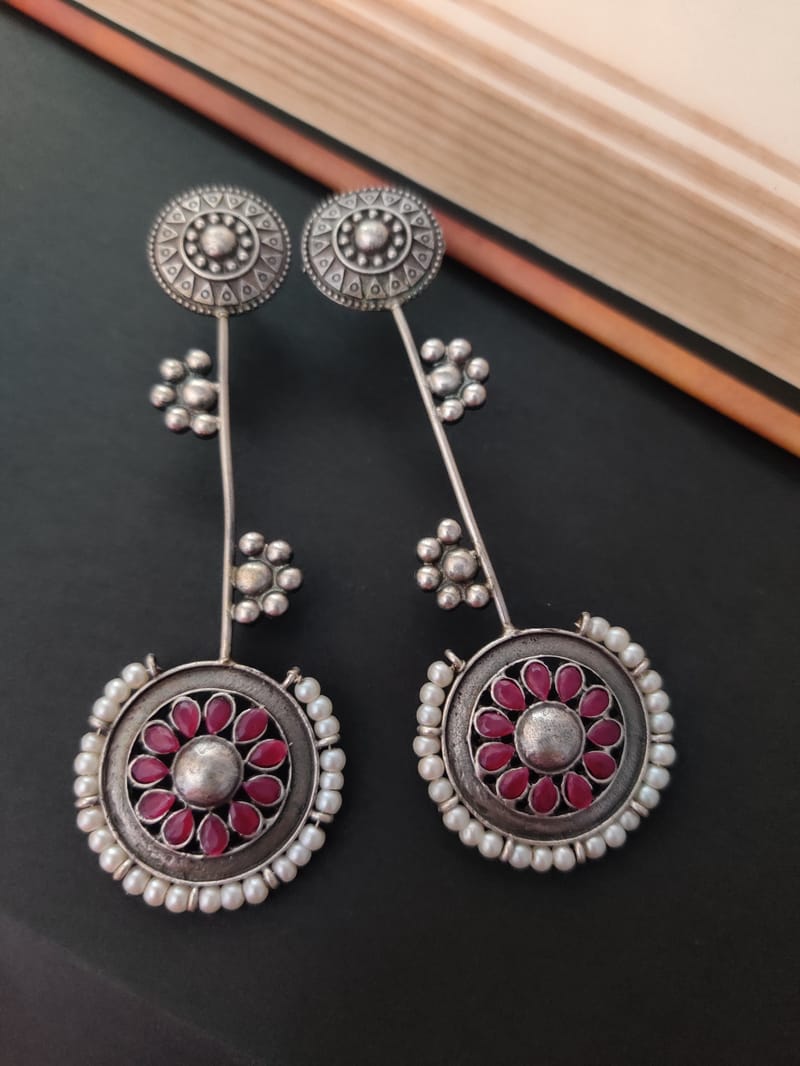 Binni's Wardrobe Silver plated red stone long drop earring