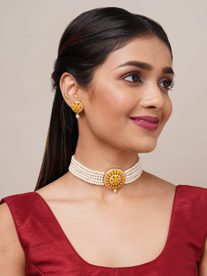 Binni's Wardrobe White and yellow plated perals  Jewellery Set