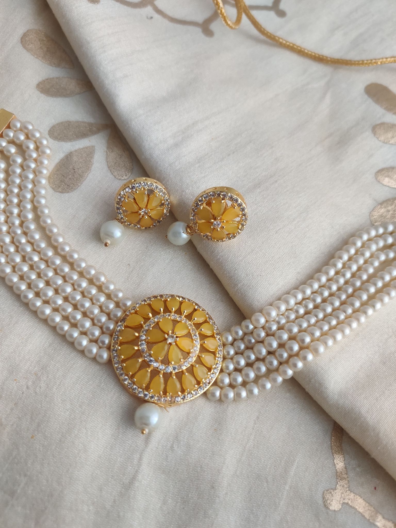 Binni's Wardrobe White and yellow plated perals  Jewellery Set