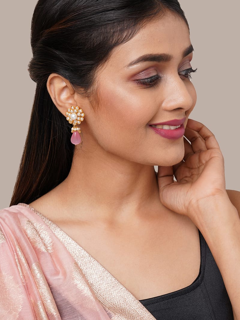 Binni's Wardrobe gold toned flower peach pearl drop earring