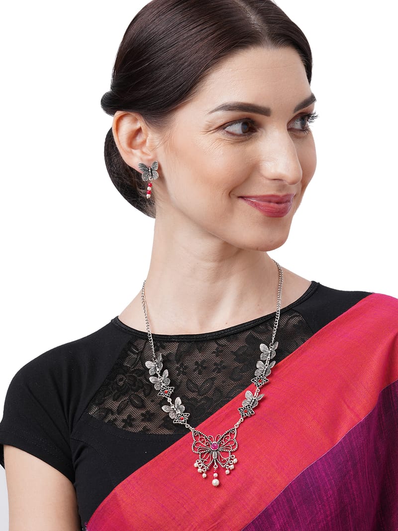 Binni's Wardrobe Set of Silver-Toned German Silver Oxidised Necklace  Earrings