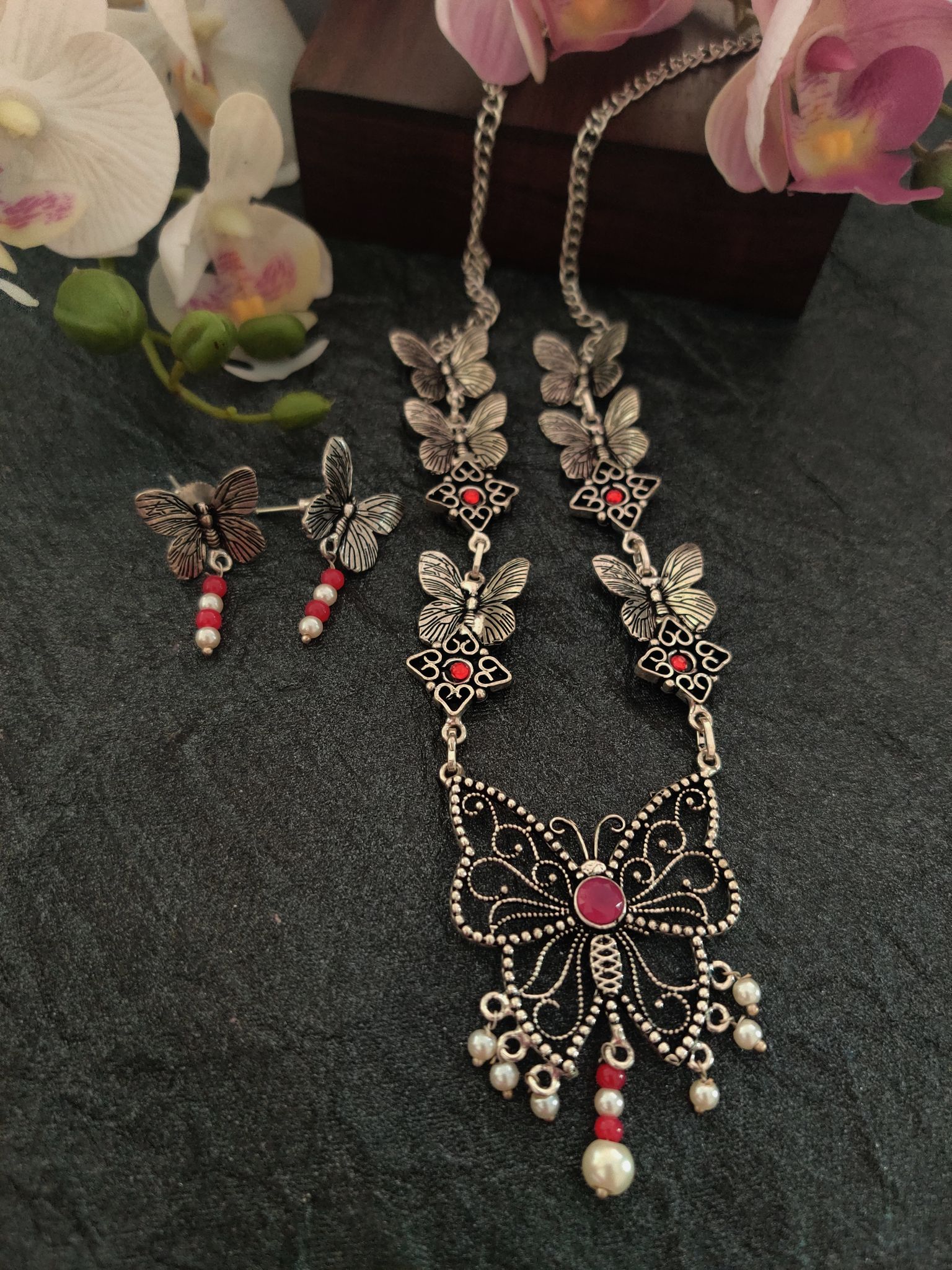 Binni's Wardrobe Set of Silver-Toned German Silver Oxidised Necklace  Earrings