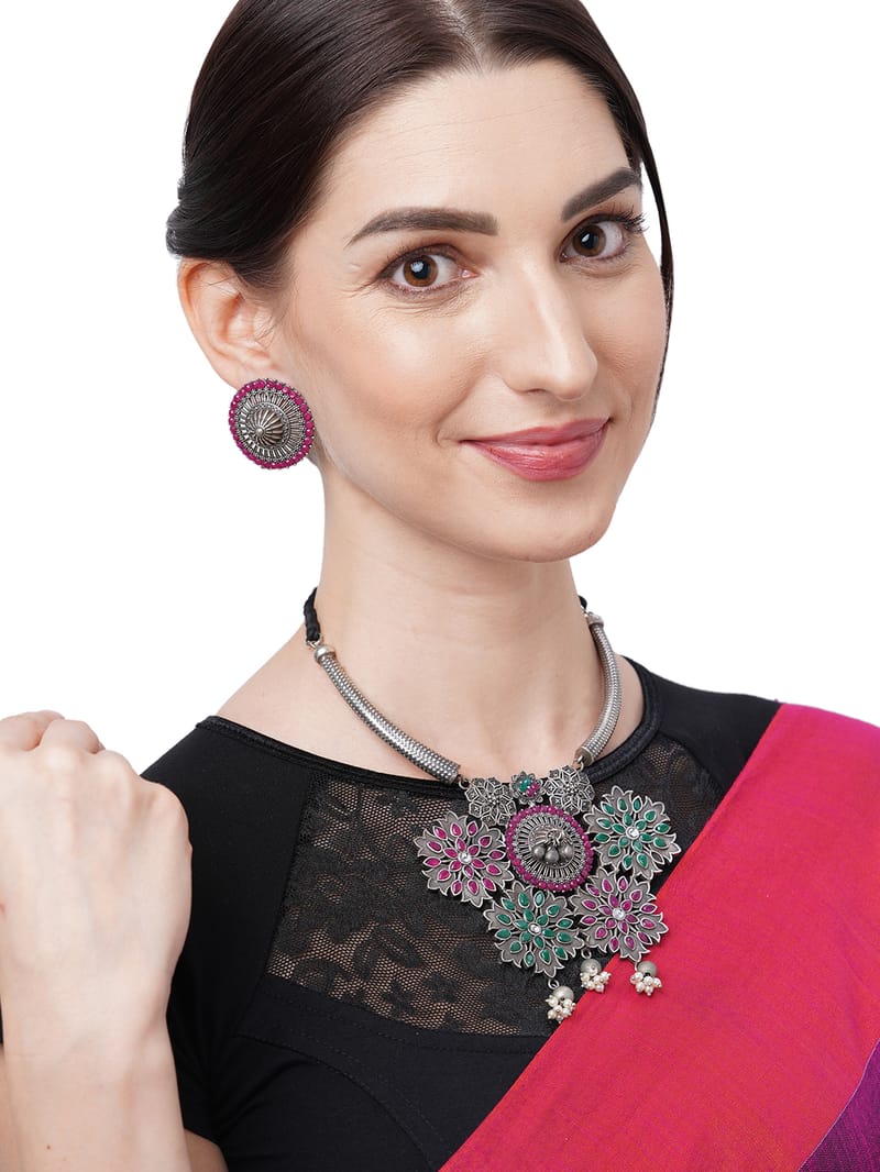 Binni's Wardrobe Set of Silver-Toned  Maroon German Silver Oxidised Necklace  Earrings