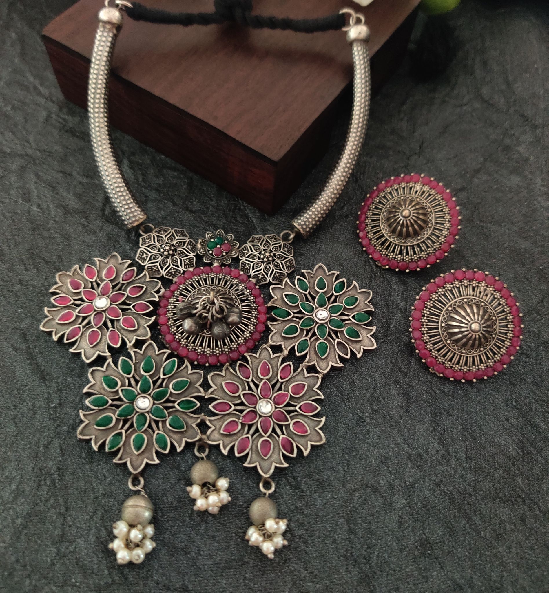 Binni's Wardrobe Set of Silver-Toned  Maroon German Silver Oxidised Necklace  Earrings