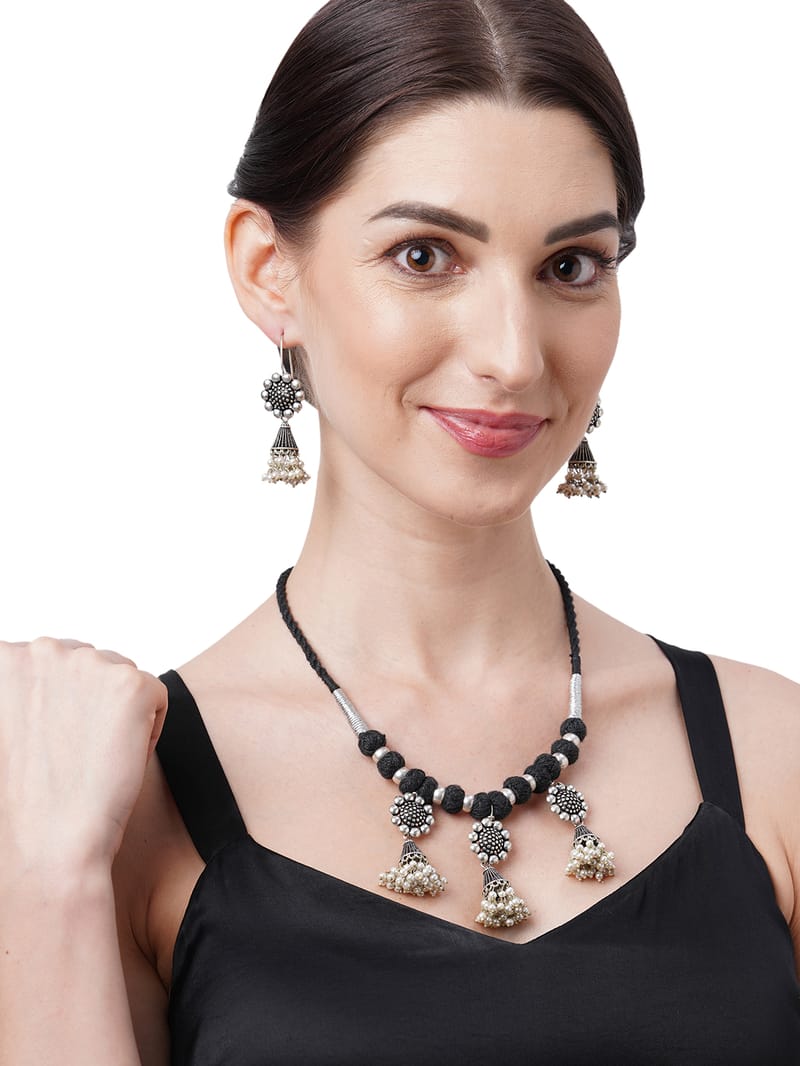 Binni's Wardrobe Set of Black German Silver Oxidised Necklace  Earrings