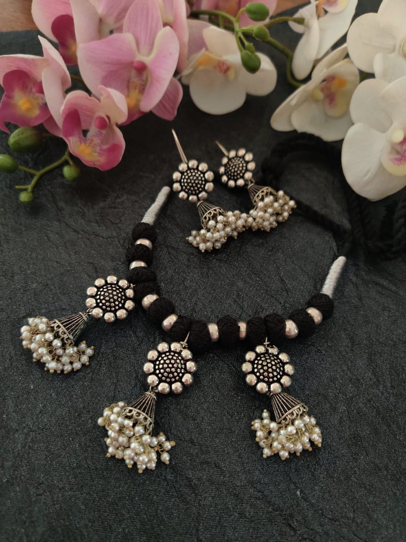 Binni's Wardrobe Set of Black German Silver Oxidised Necklace  Earrings