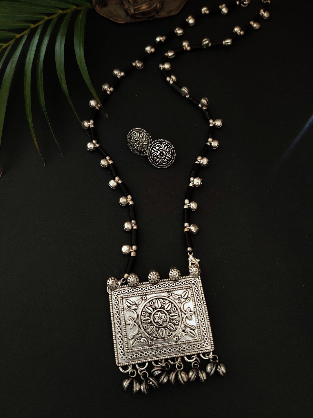 Binni's Wardrobe Women Silver-Toned  Black Tribal Oxidised Jewellery Set