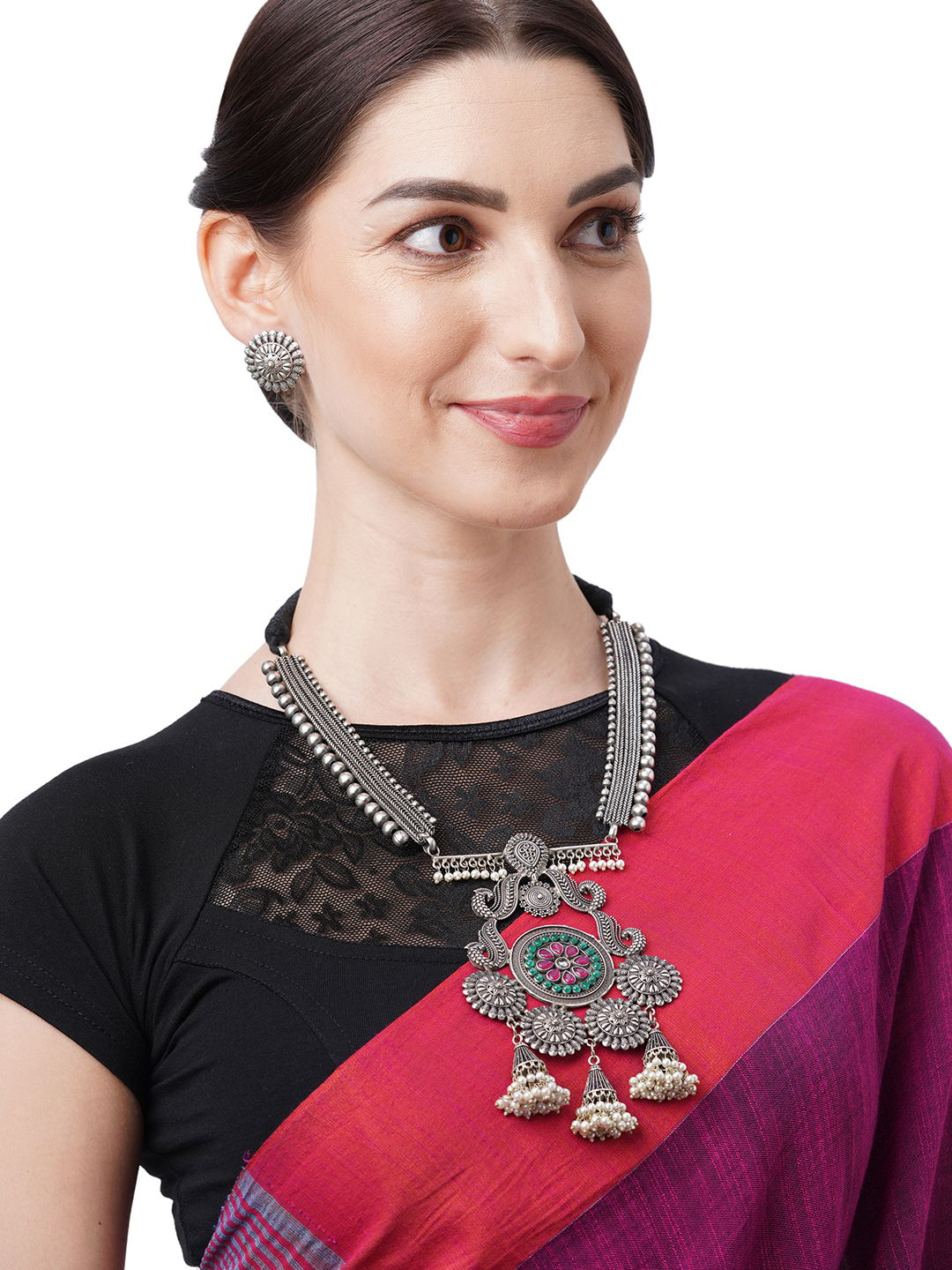 Binni's Wardrobe Women Silver  Maroon Kundan Oxidised Jewellery Set