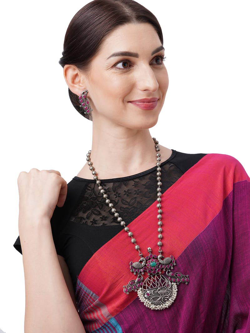 Binni's Wardrobe Women Silver  Pink Kundan Oxidised Jewellery Set