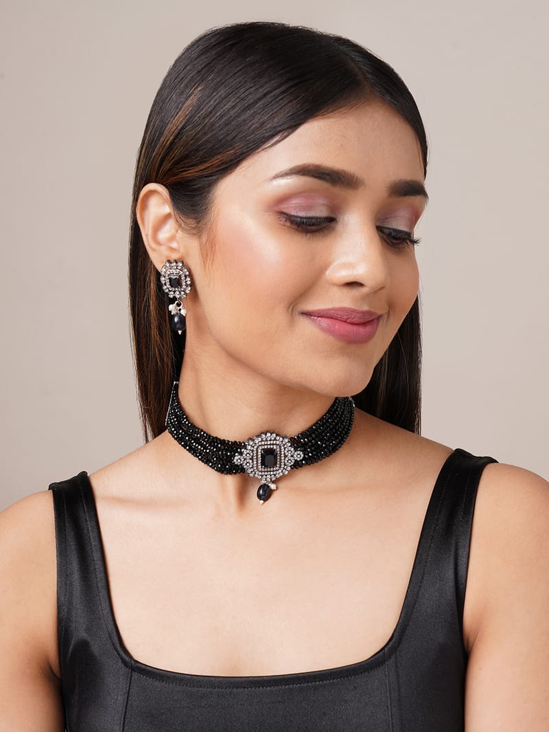 Binni's Wardrobe  silver plated black kundan studed jewellery set