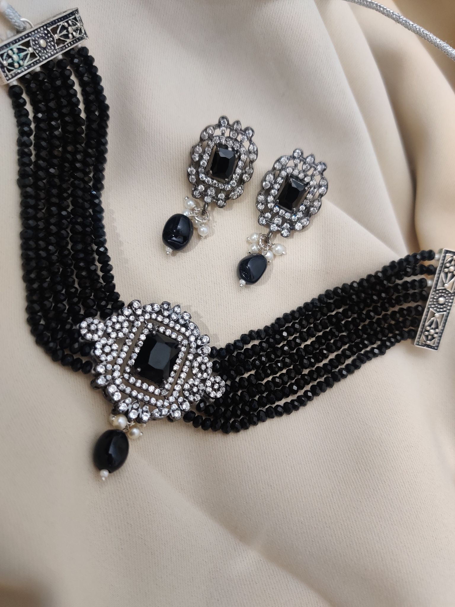 Binni's Wardrobe  silver plated black kundan studed jewellery set