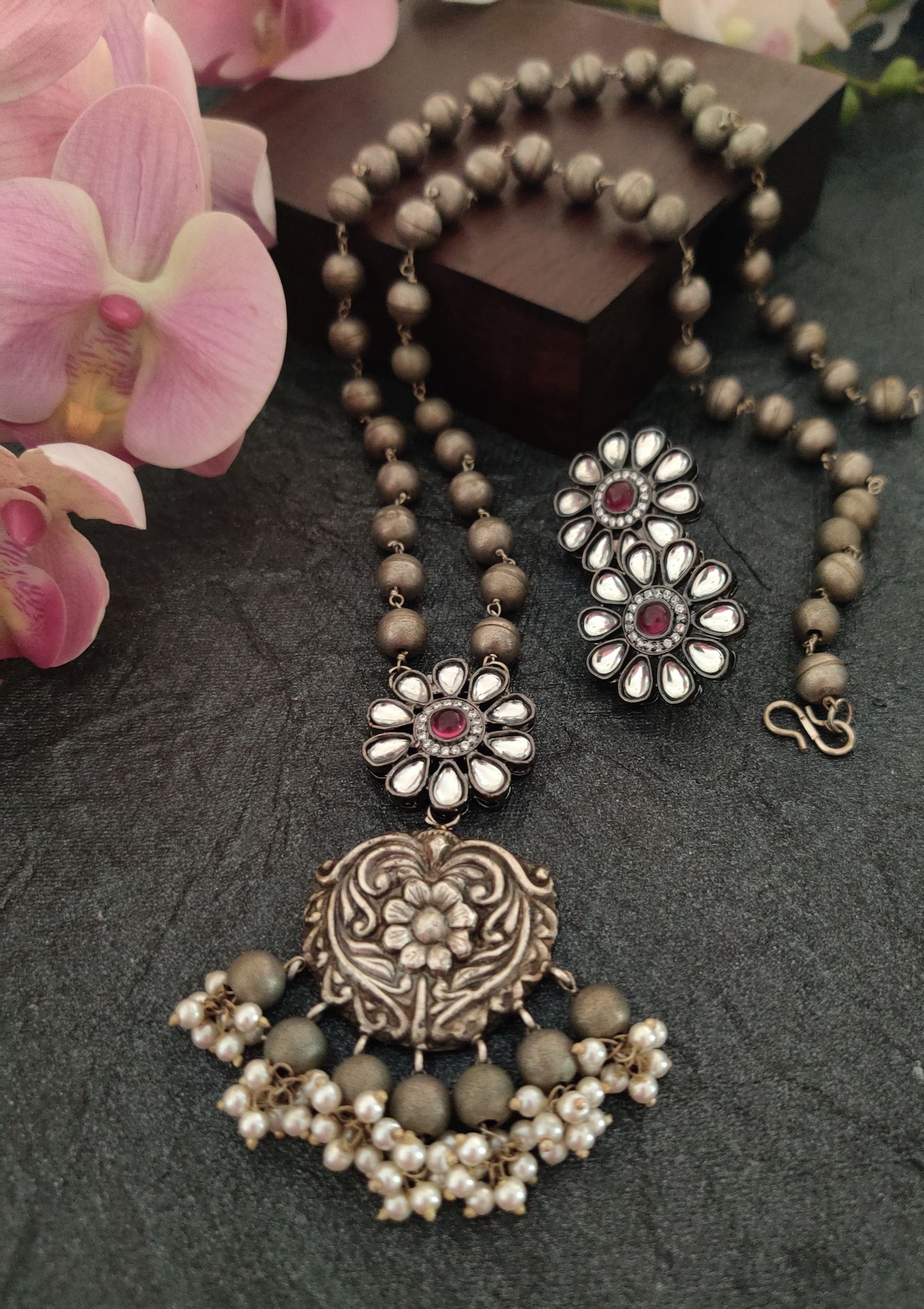 Binni's Wardrobe Set of Silver-Toned  White German Silver Oxidised Necklace  Earrings